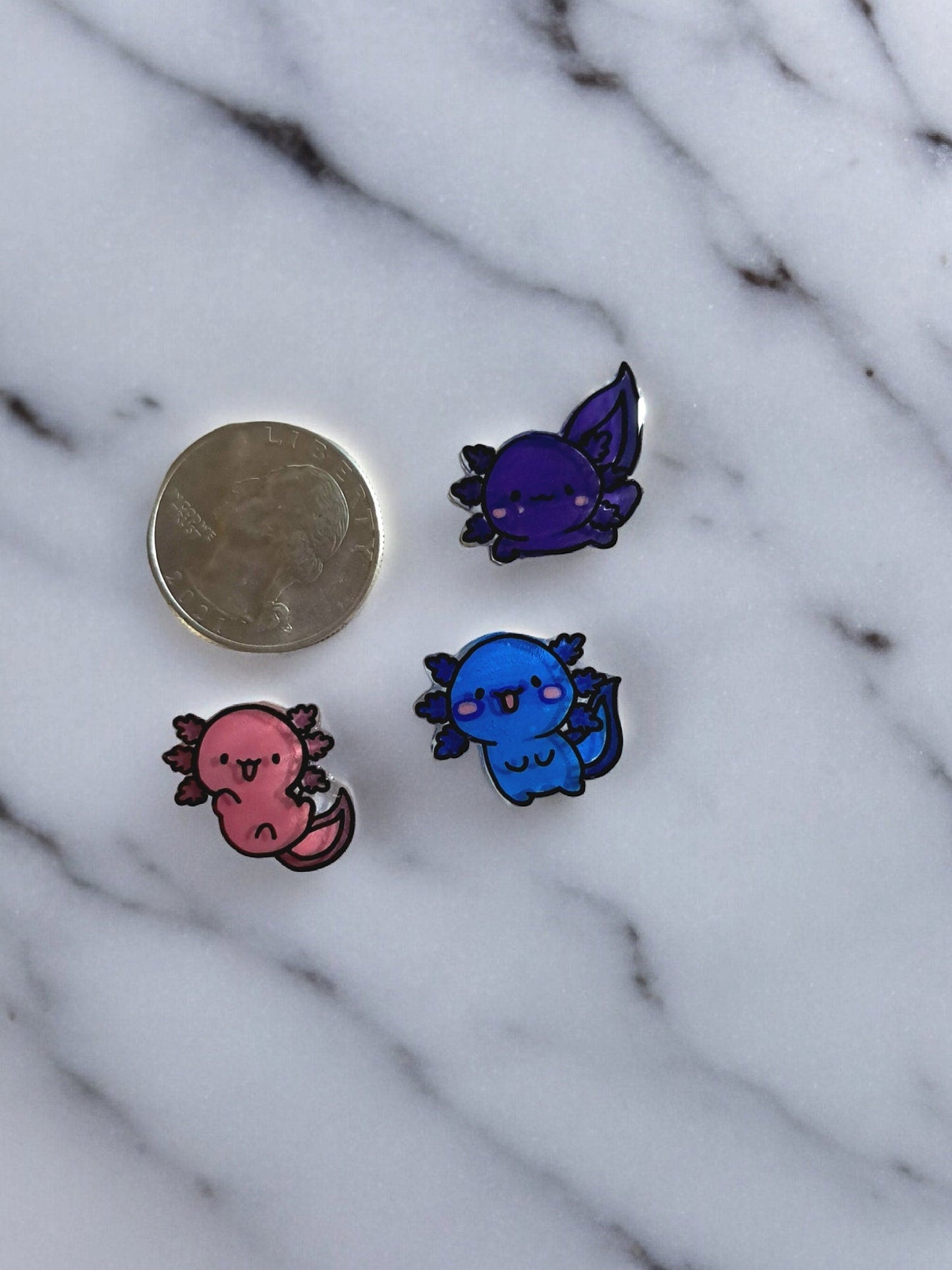 Custom Hand - painted Miniature Axolotl Pins, You Choose Colors, Set Of 3 Brass Backed Pins For Shirts, Bags, Etc. Made To Order Handmade - Moon & Starr Handcrafted Jewelry && More!