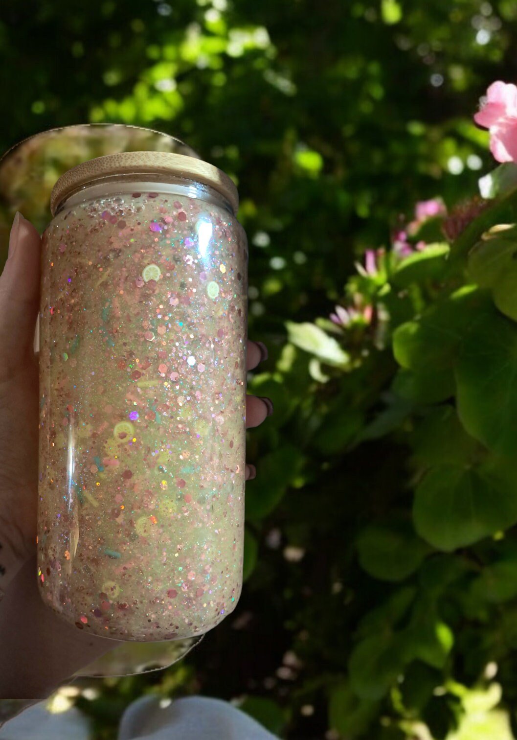 Frosted Lemonade Snowglobe Tumbler, Glass Libbey Can Cup Style Glitter Tumbler With Bamboo Lid And Plastic Straw - Moon & Starr Handcrafted LLC