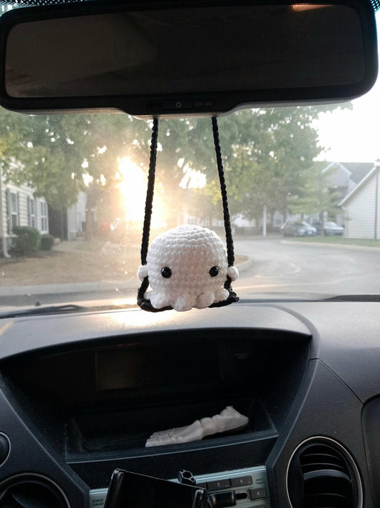 Tiny Ghost on a Swing Car Mirror Decoration, Cute Spooky Car Accessories, Rear - view Mirror Decor, Crochet Plushie Made To Order - Moon & Starr Handcrafted LLC
