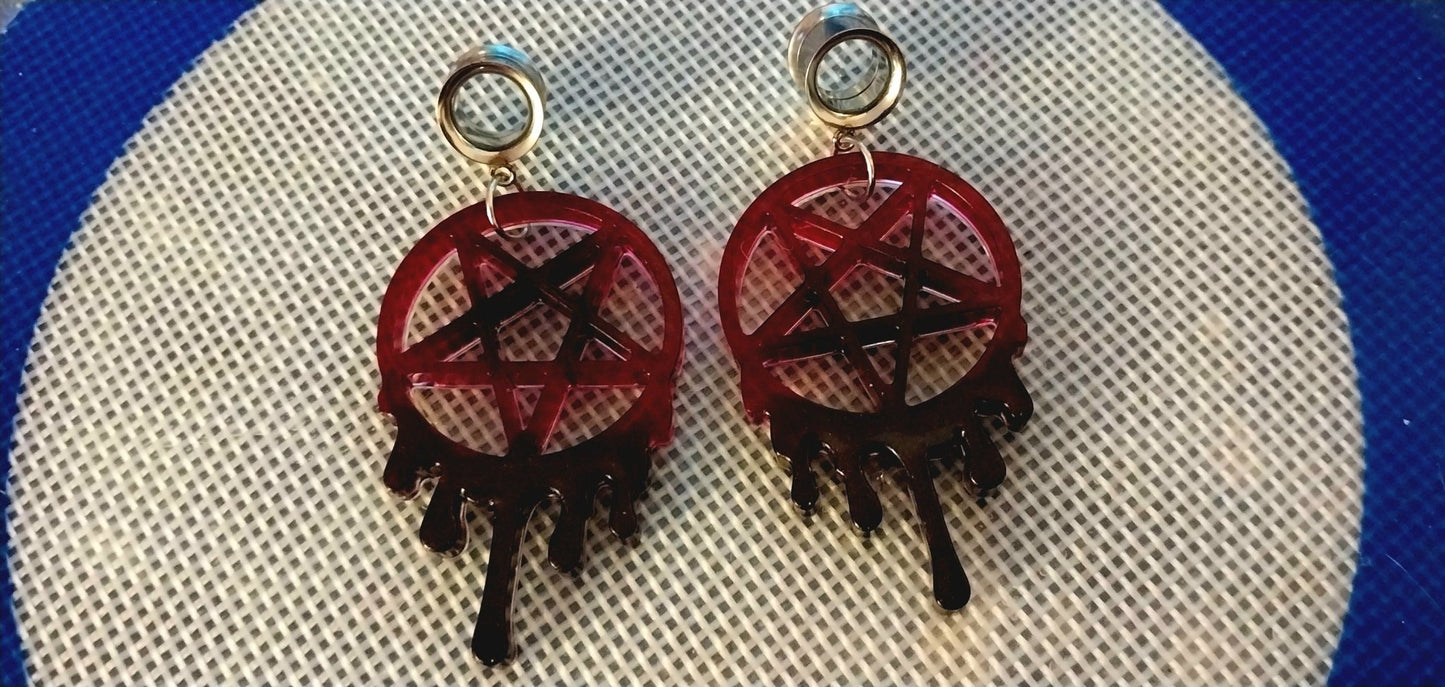 00G(10MM) Surgical Steel Screw Back Tunnel Earrings- With Black And Red Sparkly UV Resin Dripping Pentagram Charms - Moon & Starr Handcrafted Jewelry && More!