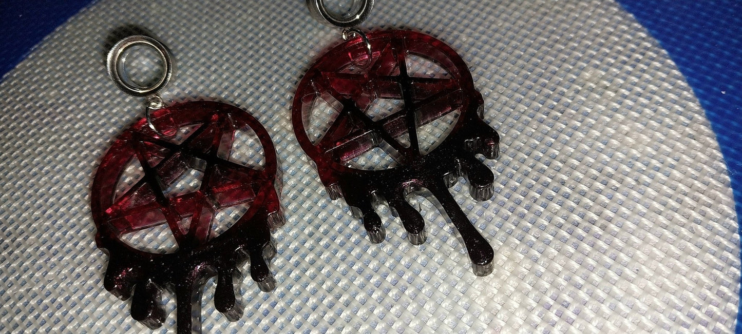 00G(10MM) Surgical Steel Screw Back Tunnel Earrings- With Black And Red Sparkly UV Resin Dripping Pentagram Charms - Moon & Starr Handcrafted Jewelry && More!