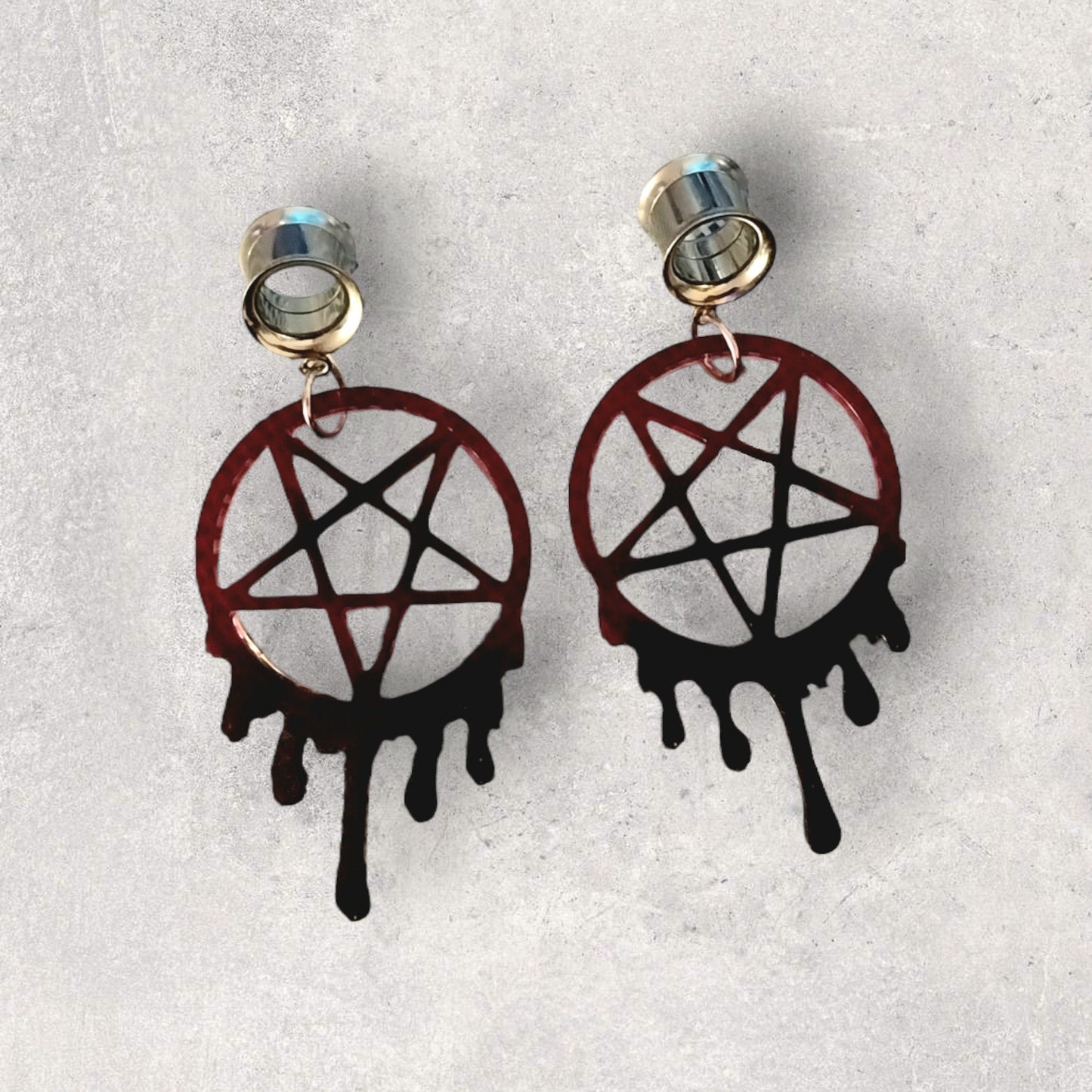 00G(10MM) Surgical Steel Screw Back Tunnel Earrings- With Black And Red Sparkly UV Resin Dripping Pentagram Charms - Moon & Starr Handcrafted Jewelry && More!