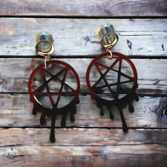 00G(10MM) Surgical Steel Screw Back Tunnel Earrings- With Black And Red Sparkly UV Resin Dripping Pentagram Charms - Moon & Starr Handcrafted Jewelry && More!