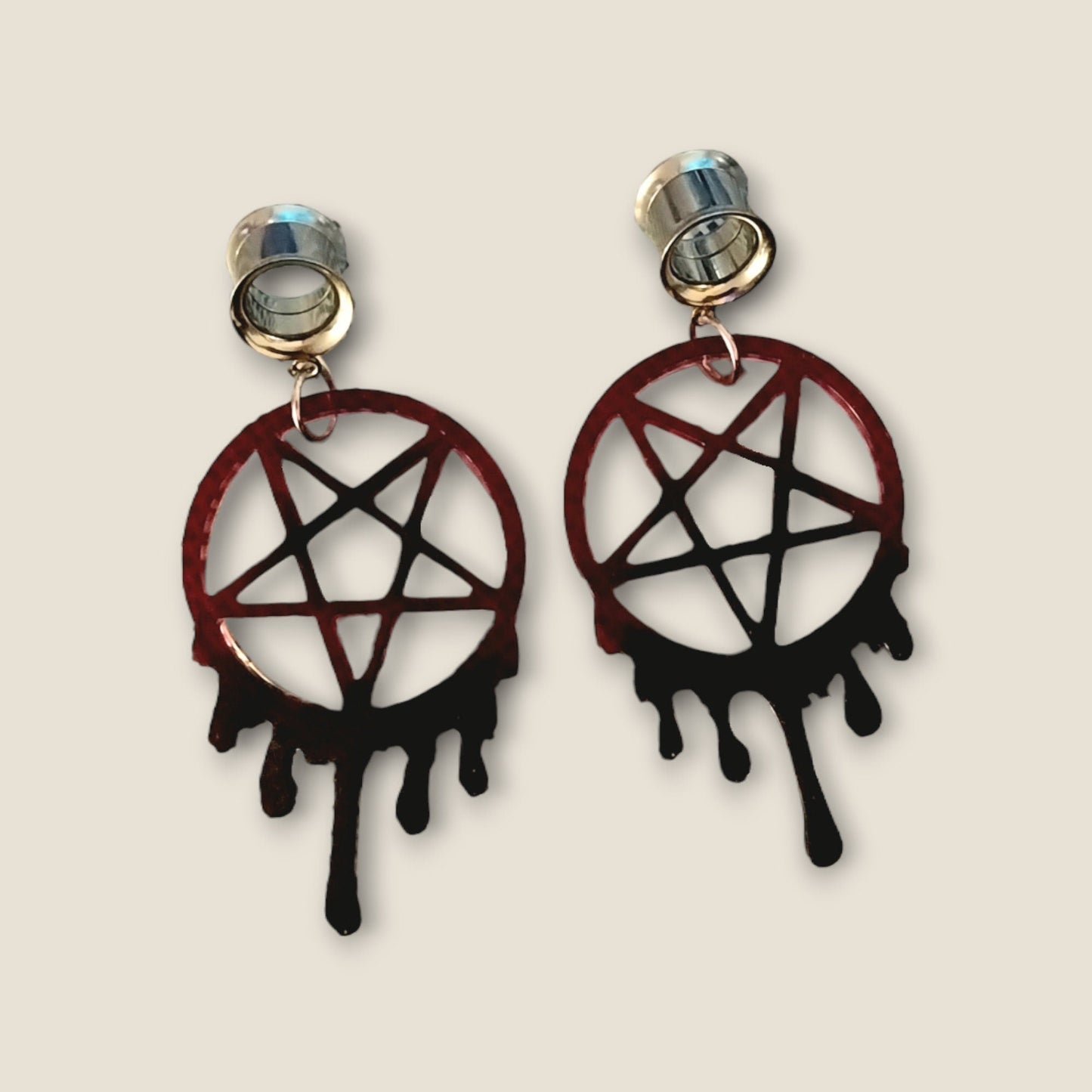 00G(10MM) Surgical Steel Screw Back Tunnel Earrings- With Black And Red Sparkly UV Resin Dripping Pentagram Charms - Moon & Starr Handcrafted Jewelry && More!