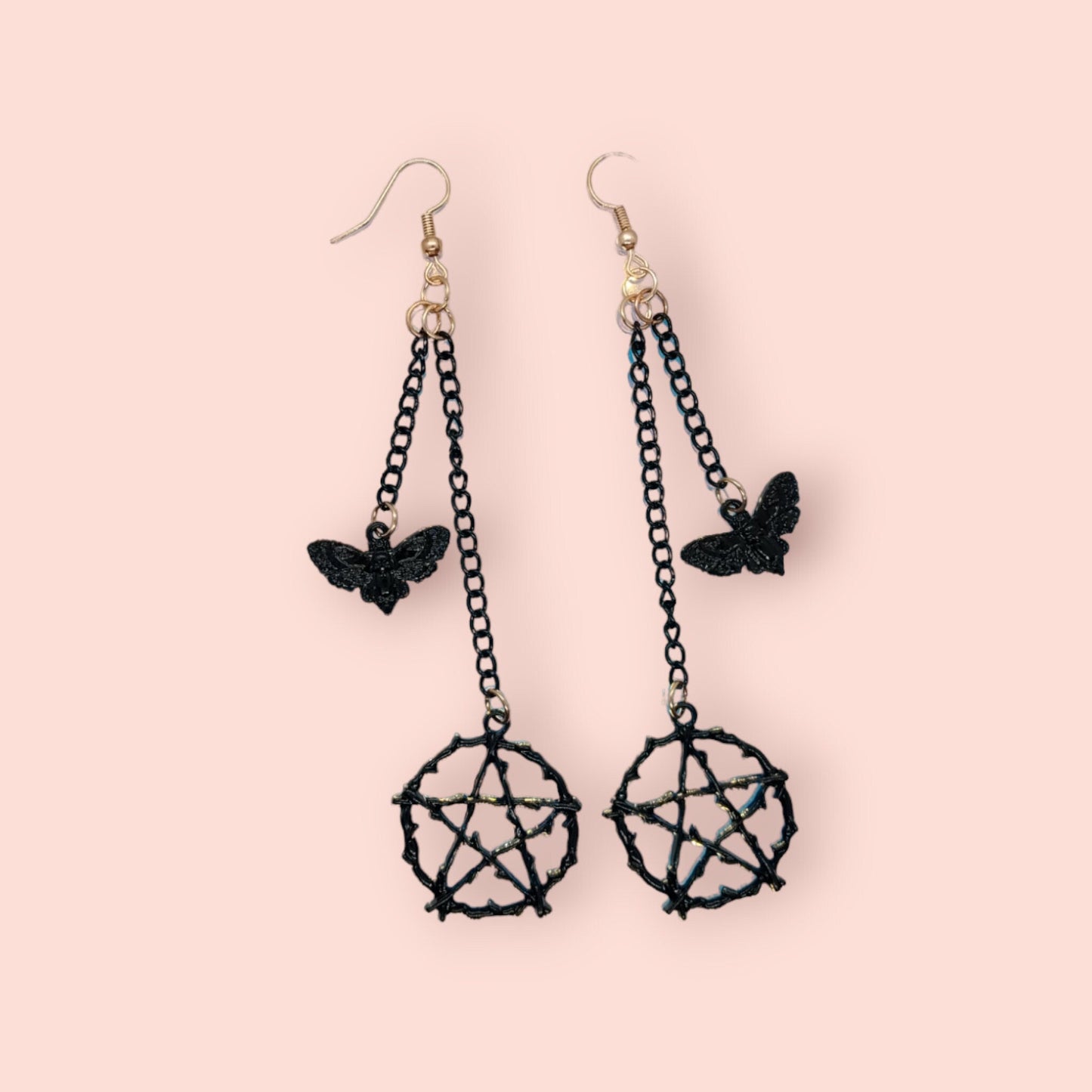 Black On Gold Pentagram And Moth Double Dangle Earrings, Black Colored Steel Chains And Charms On Gold Plated Steel Ear Wire - Moon & Starr Handcrafted Jewelry && More!