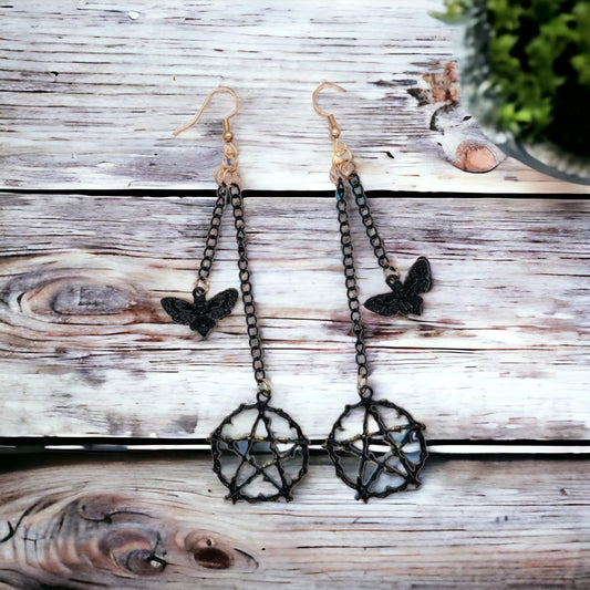 Black On Gold Pentagram And Moth Double Dangle Earrings, Black Colored Steel Chains And Charms On Gold Plated Steel Ear Wire - Moon & Starr Handcrafted Jewelry && More!