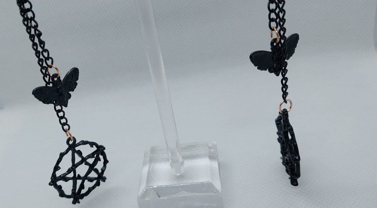 Black On Gold Pentagram And Moth Double Dangle Earrings, Black Colored Steel Chains And Charms On Gold Plated Steel Ear Wire - Moon & Starr Handcrafted Jewelry && More!