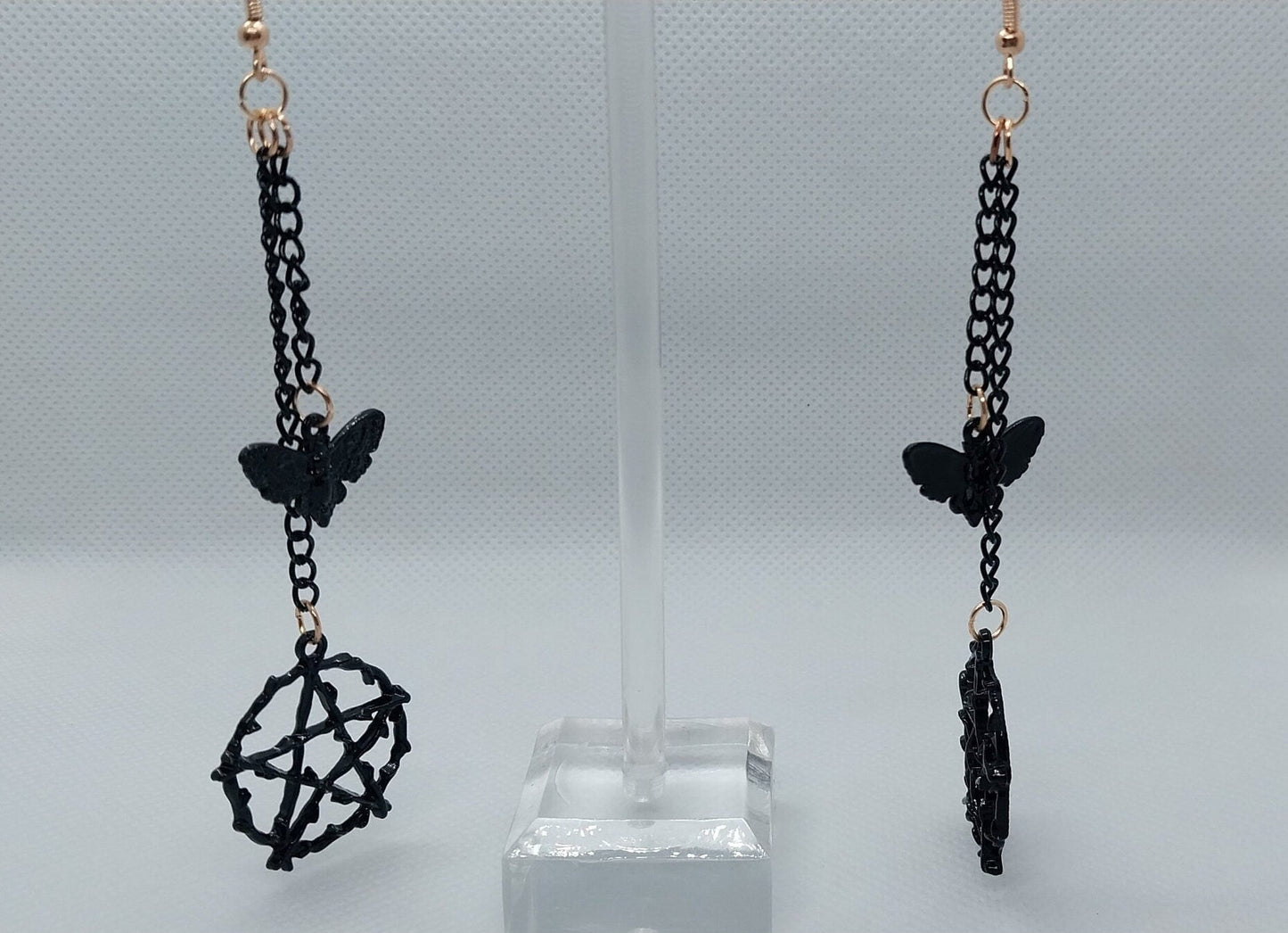 Black On Gold Pentagram And Moth Double Dangle Earrings, Black Colored Steel Chains And Charms On Gold Plated Steel Ear Wire - Moon & Starr Handcrafted Jewelry && More!