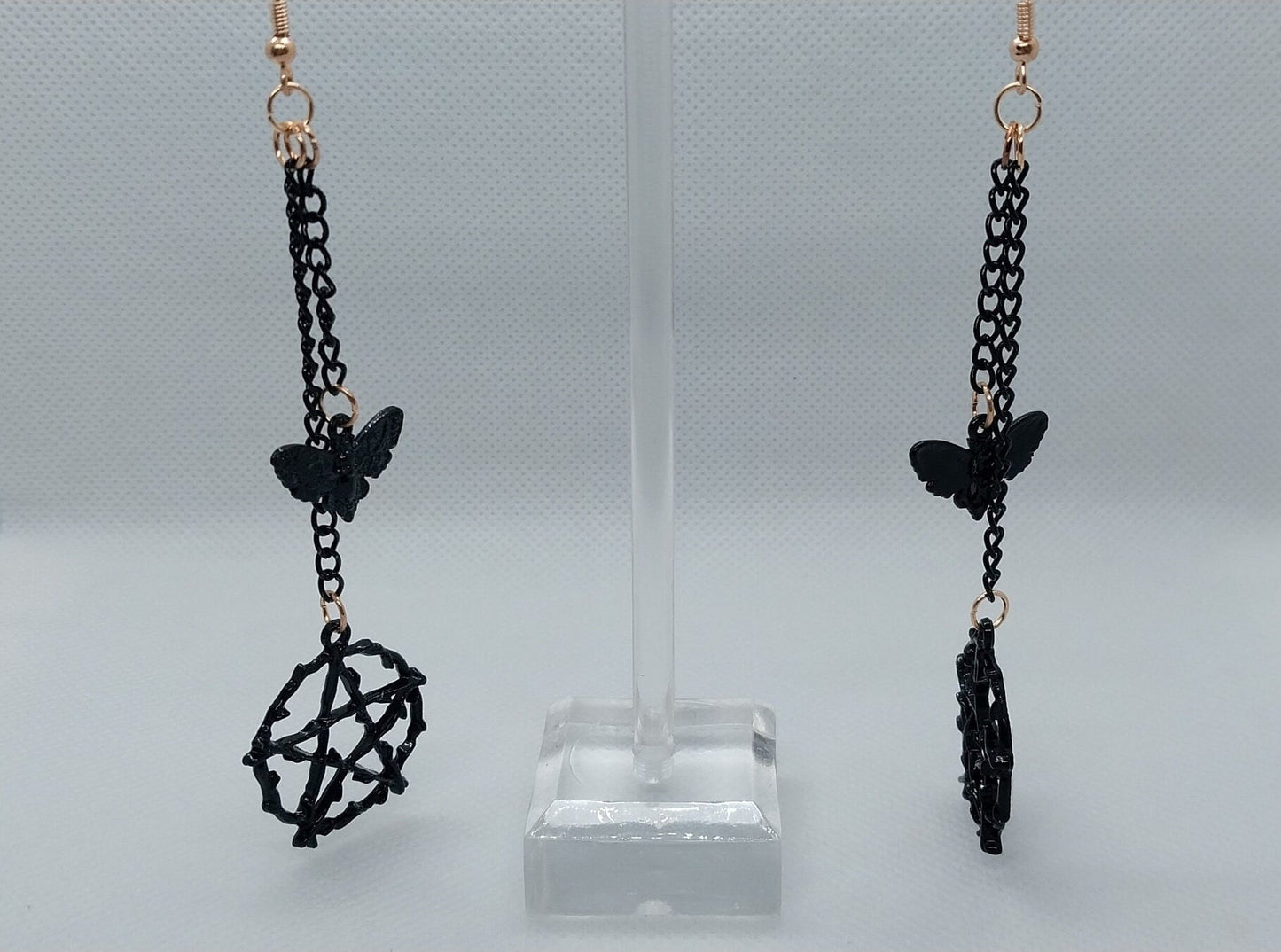 Black On Gold Pentagram And Moth Double Dangle Earrings, Black Colored Steel Chains And Charms On Gold Plated Steel Ear Wire - Moon & Starr Handcrafted Jewelry && More!