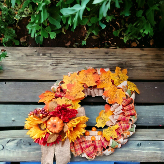 Country Farmhouse Autumn Leaves Hay Bales & Pumpkins Busy Festive Fall Wreath For Front Door Decoration - Moon & Starr Handcrafted Jewelry && More!