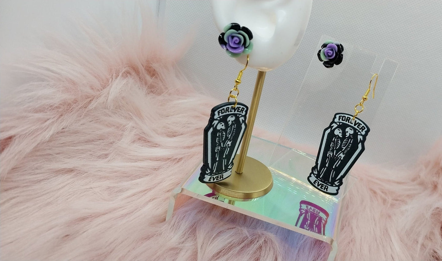 Forever Skeletons Dangle And Dark Rose's Stud Earrings Set for Women, Gold Plated, Charm Dangle and Flowers Stud Halloween Earring Set - Moon & Starr Handcrafted Jewelry && More!