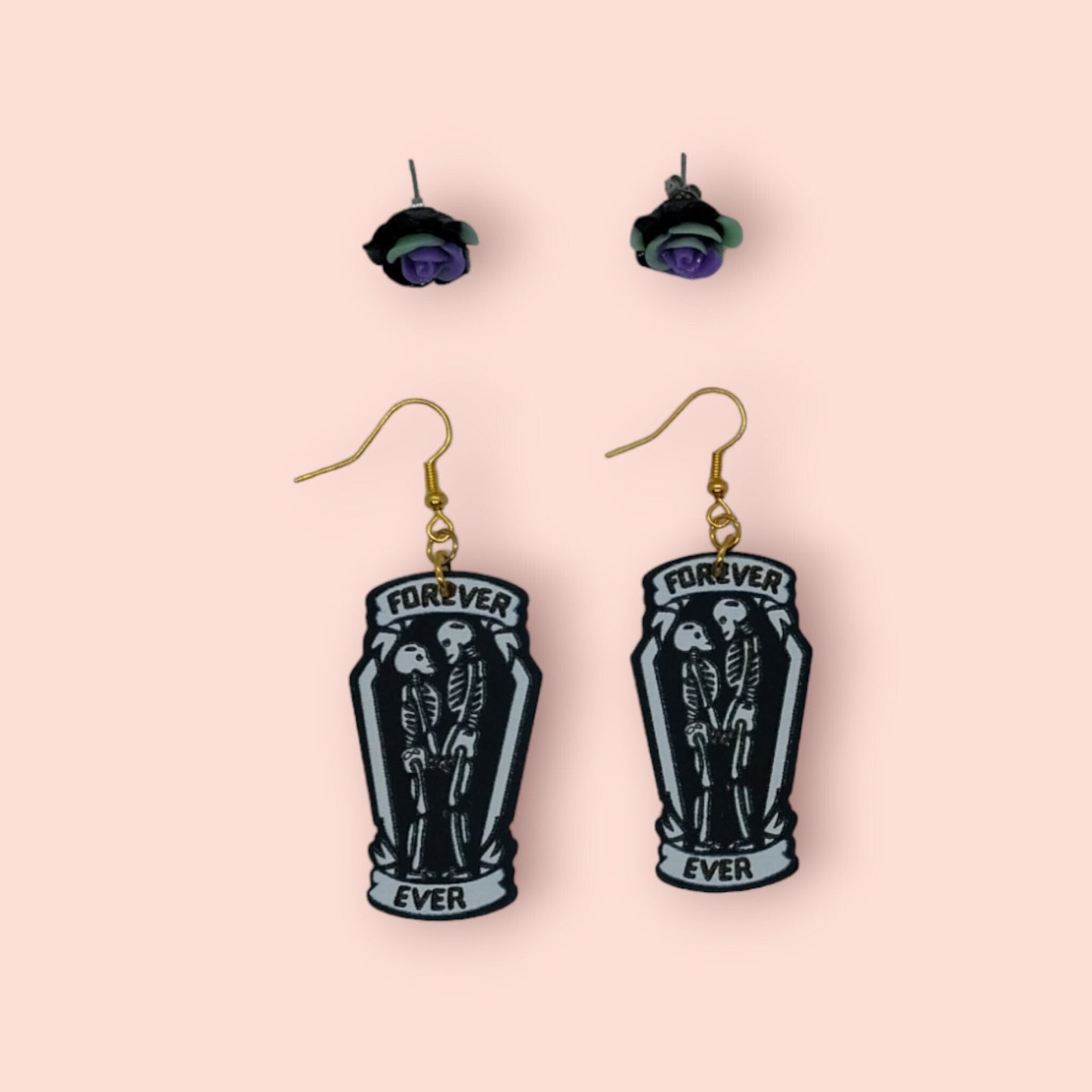 Forever Skeletons Dangle And Dark Rose's Stud Earrings Set for Women, Gold Plated, Charm Dangle and Flowers Stud Halloween Earring Set - Moon & Starr Handcrafted Jewelry && More!