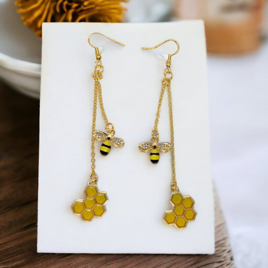 Golden Bee and Honeycomb Chain Double Dangle Earrings, Ear Wire or 5/8" (16 MM) Tunnels - Moon & Starr Handcrafted Jewelry && More!