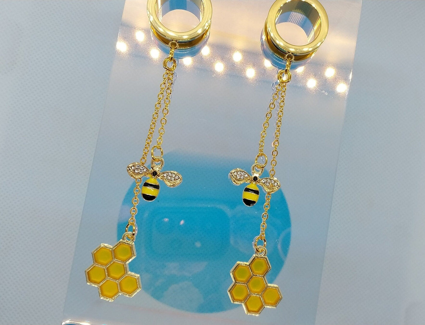 Golden Bee and Honeycomb Chain Double Dangle Earrings, Ear Wire or 5/8" (16 MM) Tunnels - Moon & Starr Handcrafted Jewelry && More!
