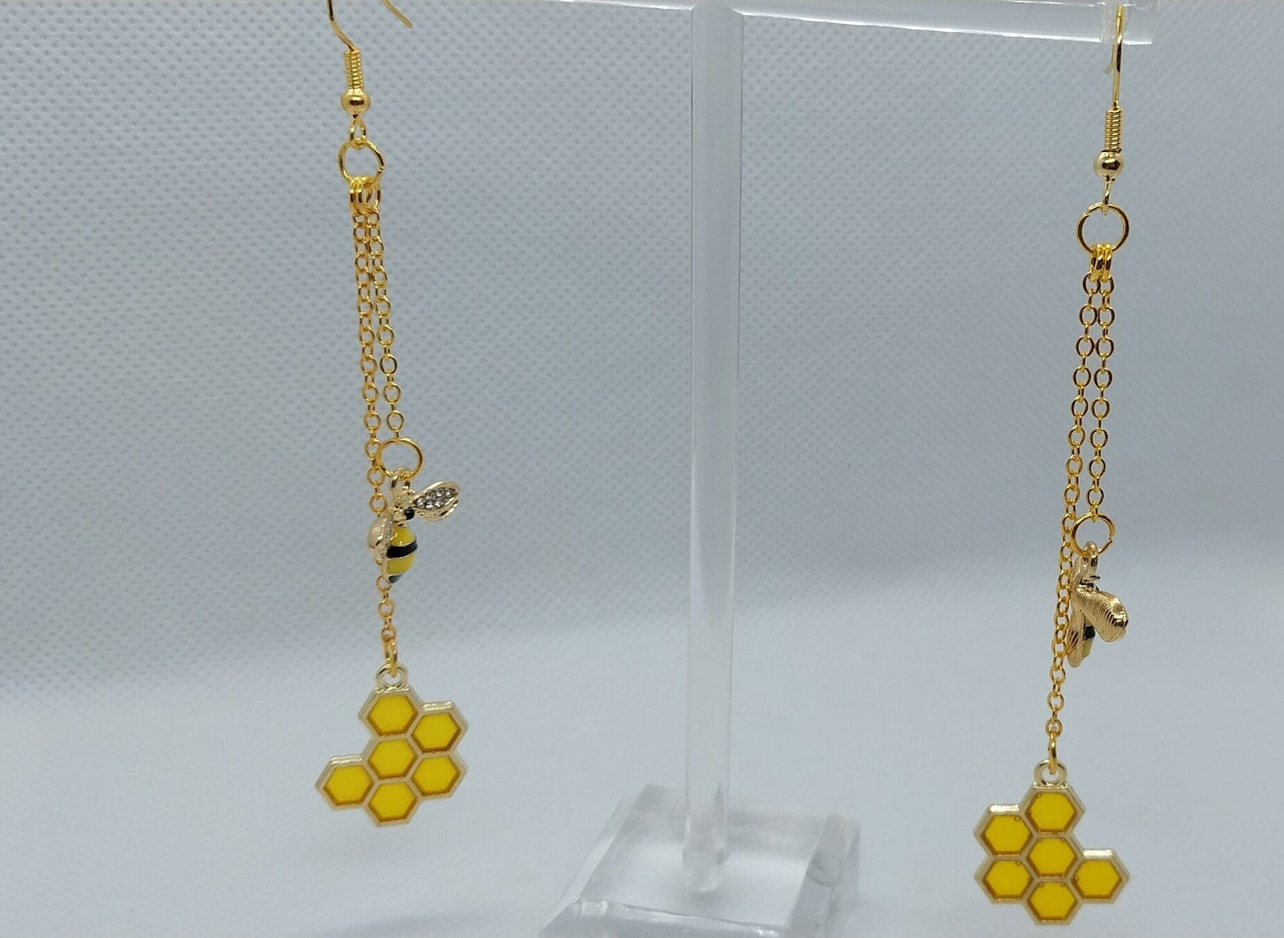 Golden Bee and Honeycomb Chain Double Dangle Earrings, Ear Wire or 5/8" (16 MM) Tunnels - Moon & Starr Handcrafted Jewelry && More!