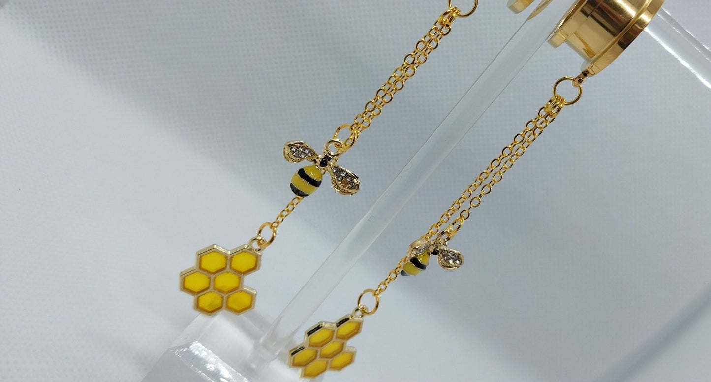 Golden Bee and Honeycomb Chain Double Dangle Earrings, Ear Wire or 5/8" (16 MM) Tunnels - Moon & Starr Handcrafted Jewelry && More!