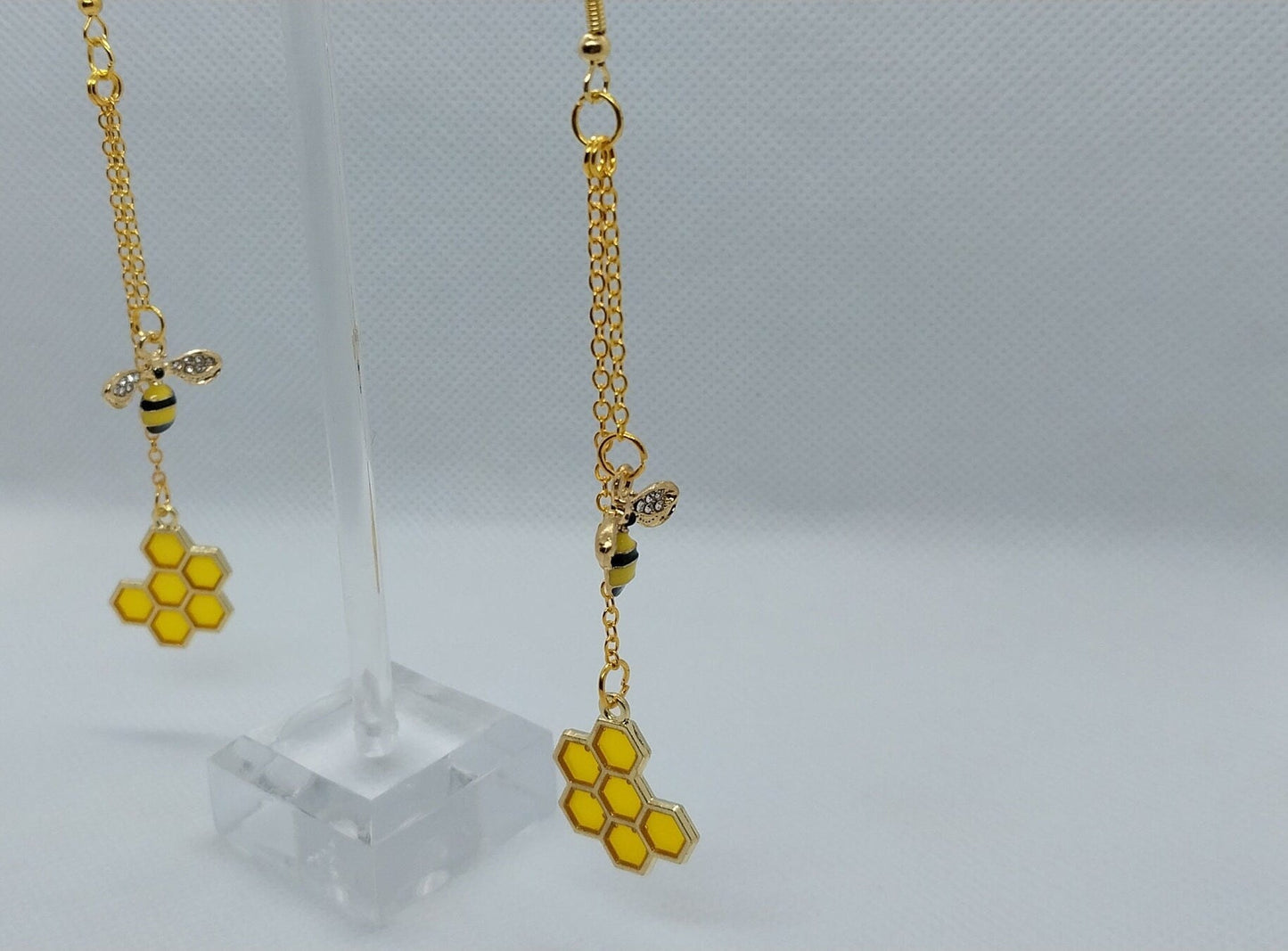 Golden Bee and Honeycomb Chain Double Dangle Earrings, Ear Wire or 5/8" (16 MM) Tunnels - Moon & Starr Handcrafted Jewelry && More!