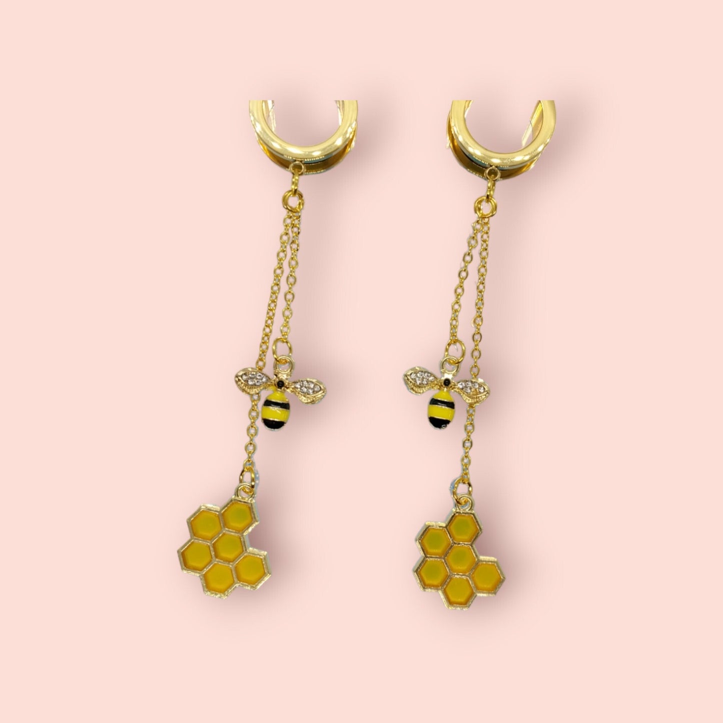 Golden Bee and Honeycomb Chain Double Dangle Earrings, Ear Wire or 5/8" (16 MM) Tunnels - Moon & Starr Handcrafted Jewelry && More!