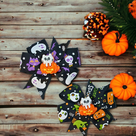 Halloween Bow Set Of 2, Black With Colorful Spooky Design And Cat In Pumpkin Charms, Alligator Clip In Bows - Moon & Starr Handcrafted Jewelry && More!