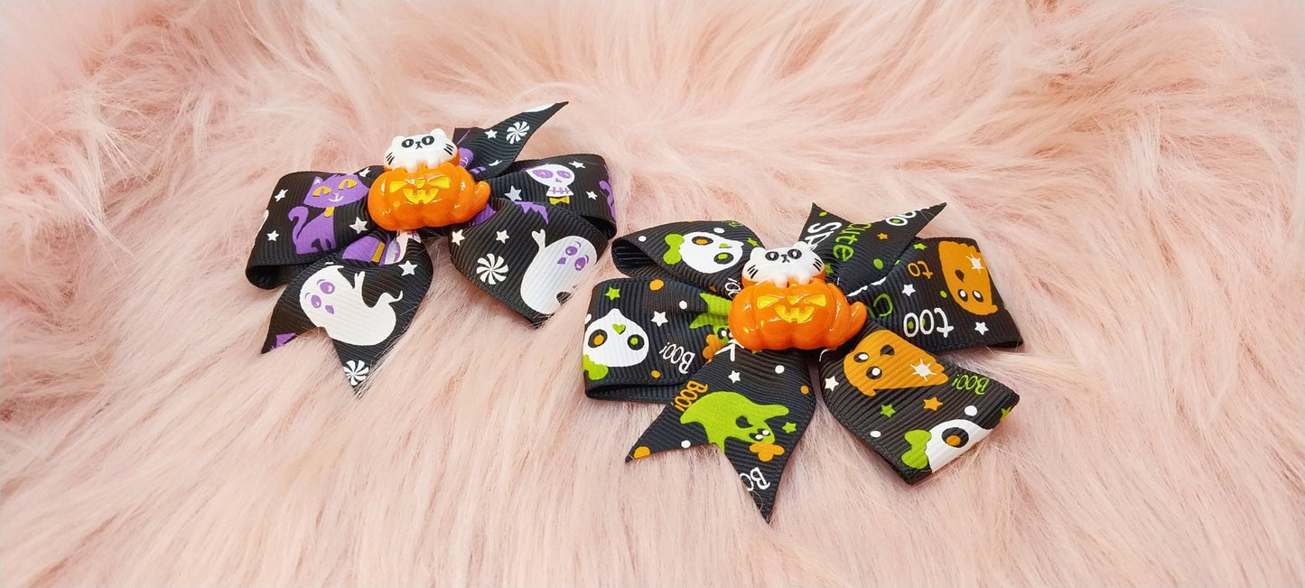 Halloween Bow Set Of 2, Black With Colorful Spooky Design And Cat In Pumpkin Charms, Alligator Clip In Bows - Moon & Starr Handcrafted Jewelry && More!