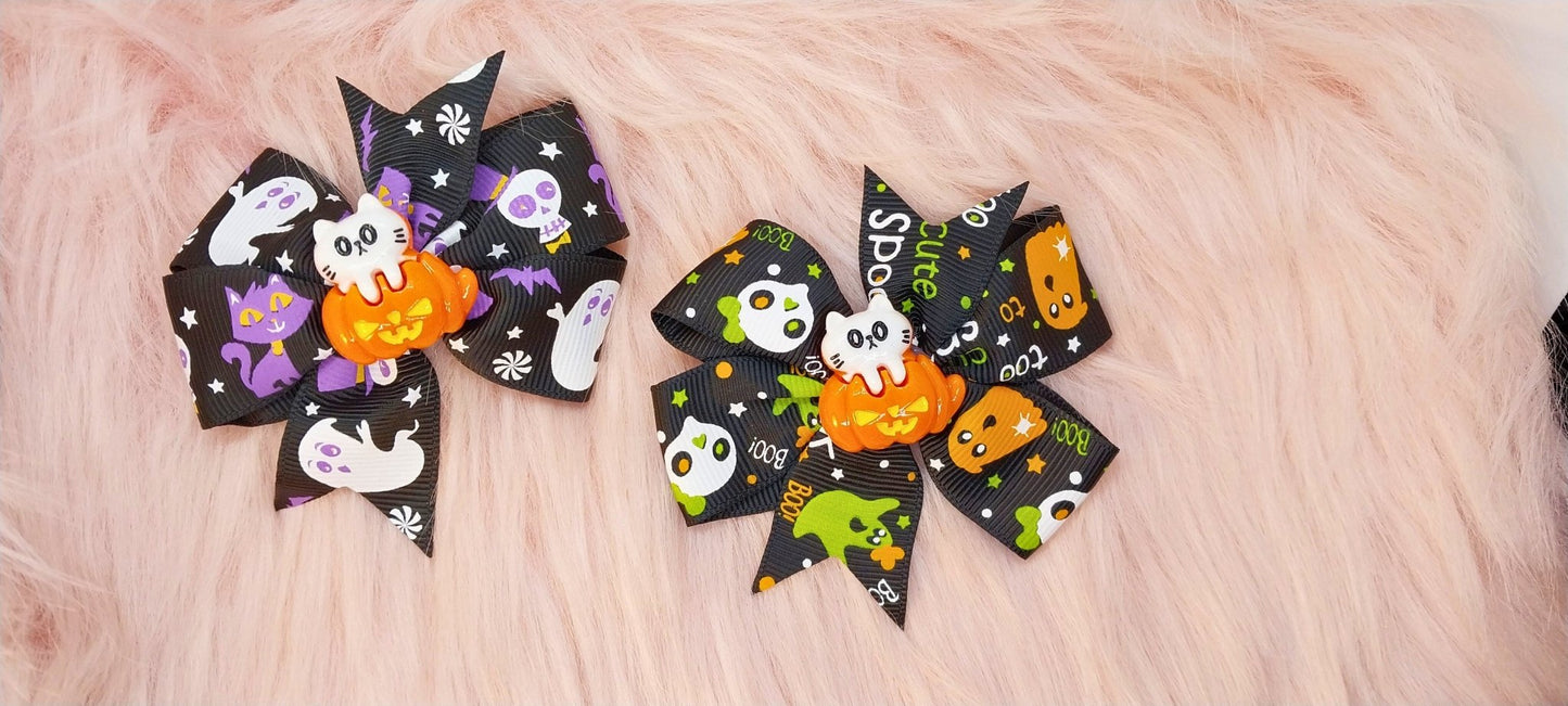 Halloween Bow Set Of 2, Black With Colorful Spooky Design And Cat In Pumpkin Charms, Alligator Clip In Bows - Moon & Starr Handcrafted Jewelry && More!