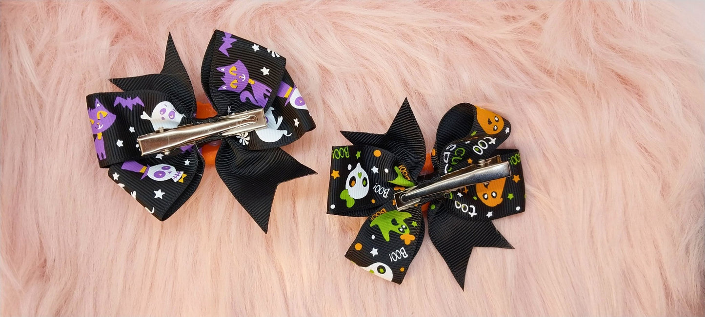 Halloween Bow Set Of 2, Black With Colorful Spooky Design And Cat In Pumpkin Charms, Alligator Clip In Bows - Moon & Starr Handcrafted Jewelry && More!