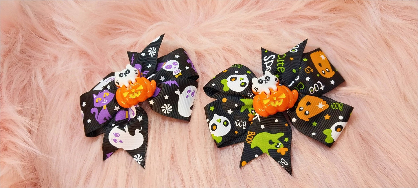 Halloween Bow Set Of 2, Black With Colorful Spooky Design And Cat In Pumpkin Charms, Alligator Clip In Bows - Moon & Starr Handcrafted Jewelry && More!