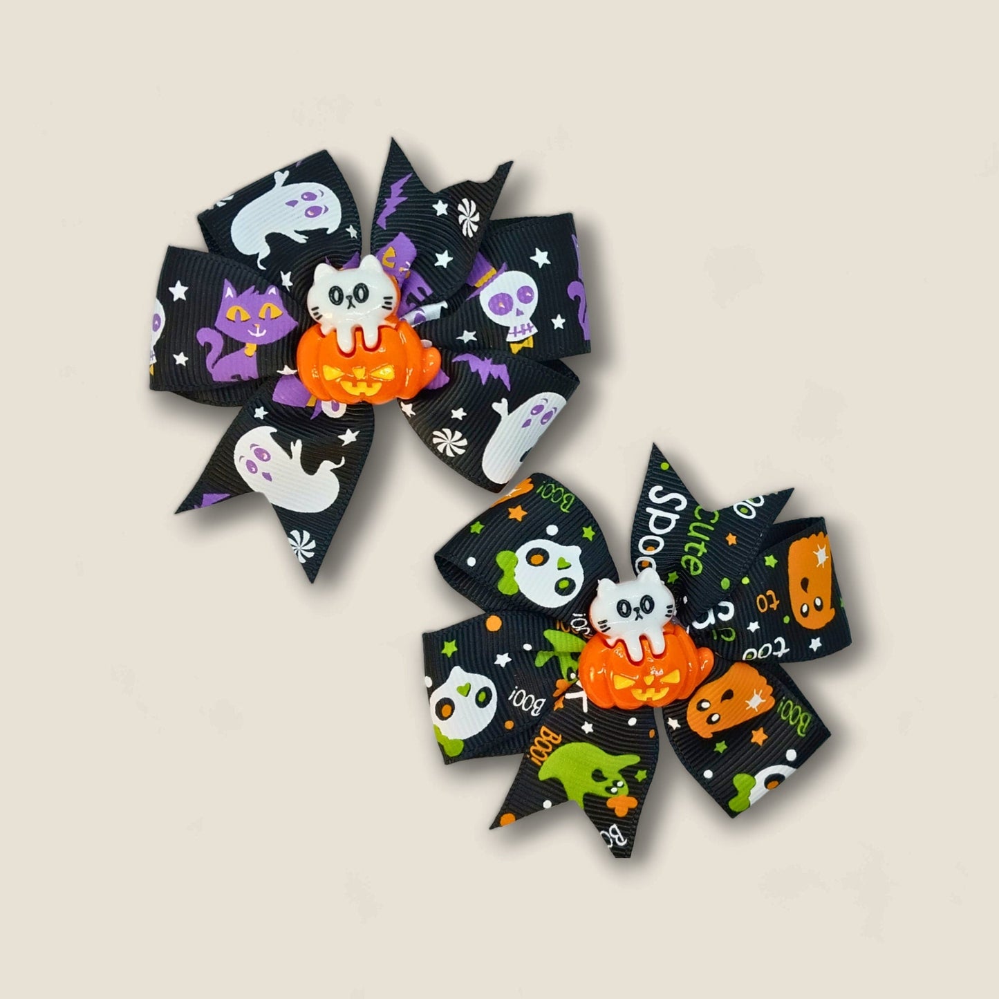 Halloween Bow Set Of 2, Black With Colorful Spooky Design And Cat In Pumpkin Charms, Alligator Clip In Bows - Moon & Starr Handcrafted Jewelry && More!