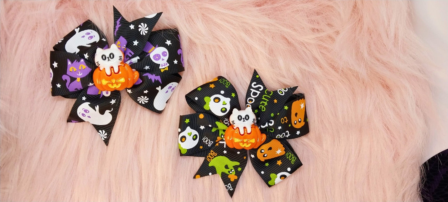 Halloween Bow Set Of 2, Black With Colorful Spooky Design And Cat In Pumpkin Charms, Alligator Clip In Bows - Moon & Starr Handcrafted Jewelry && More!