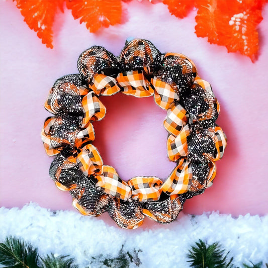 Handcrafted Sparkly Autumn Wreath - Black, Orange, White Plaid Ribbon, Fall Home Door Decor, Ribbon Wreath - Moon & Starr Handcrafted Jewelry && More!