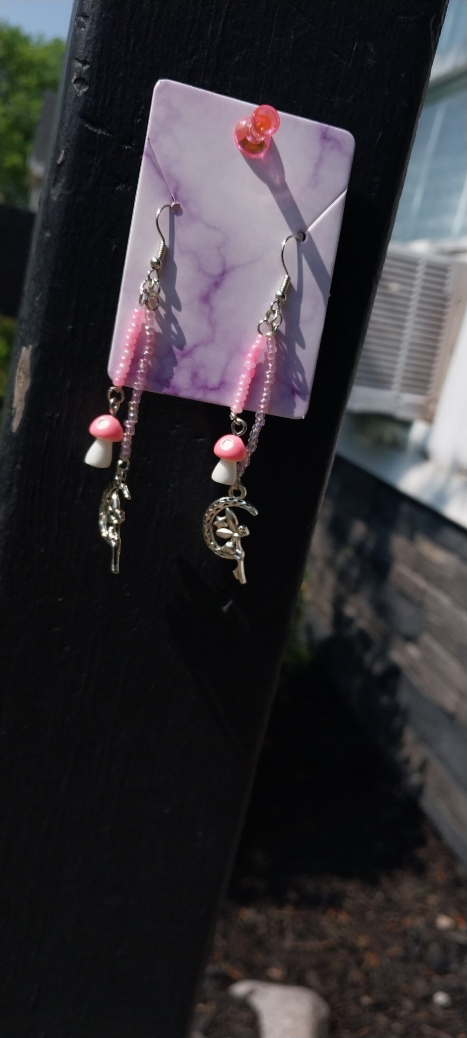 Handmade Beaded Earrings- Pink Mushrooms and Fairies, Cottagecore Dangle Earrings, Gifts For Her, Custom Earrings, Earrings For Women - Moon & Starr Handcrafted Jewelry && More!
