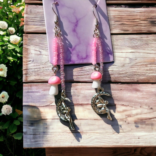 Handmade Beaded Earrings- Pink Mushrooms and Fairies, Cottagecore Dangle Earrings, Gifts For Her, Custom Earrings, Earrings For Women - Moon & Starr Handcrafted Jewelry && More!
