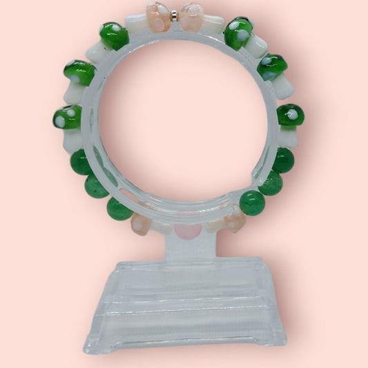 Handmade Glass Mushroom, Green Aventurine And Rose Quartz Beaded Stretch Bracelet For Women- Cottagecore Jewelry - Moon & Starr Handcrafted Jewelry && More!