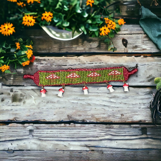 Mushroom Cottagecore Choker- Handmade Metallic Green and Red Classic Glass Beaded Choker, beaded necklace, y2k necklace, gifts for her - Moon & Starr Handcrafted Jewelry && More!