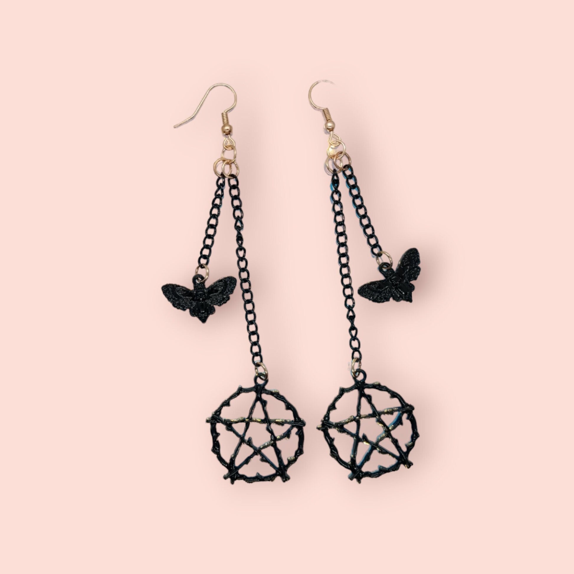 Black On Gold Pentagram And Moth Double Dangle Earrings, Black Colored Steel Chains And Charms On Gold Plated Steel Ear Wire, Goth/Emo/Alt - Moon & Starr Handcrafted LLC