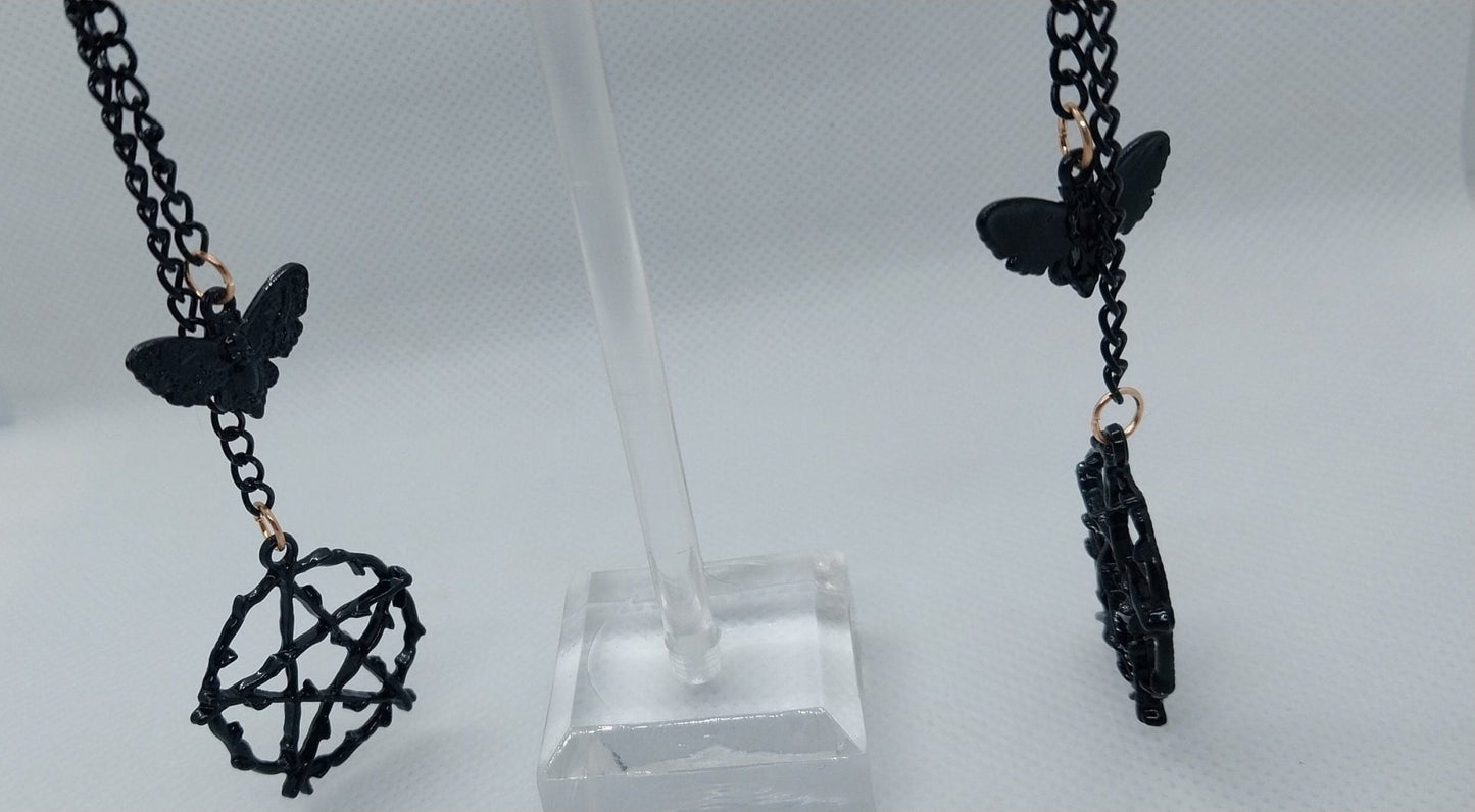 Black On Gold Pentagram And Moth Double Dangle Earrings, Black Colored Steel Chains And Charms On Gold Plated Steel Ear Wire, Goth/Emo/Alt - Moon & Starr Handcrafted LLC