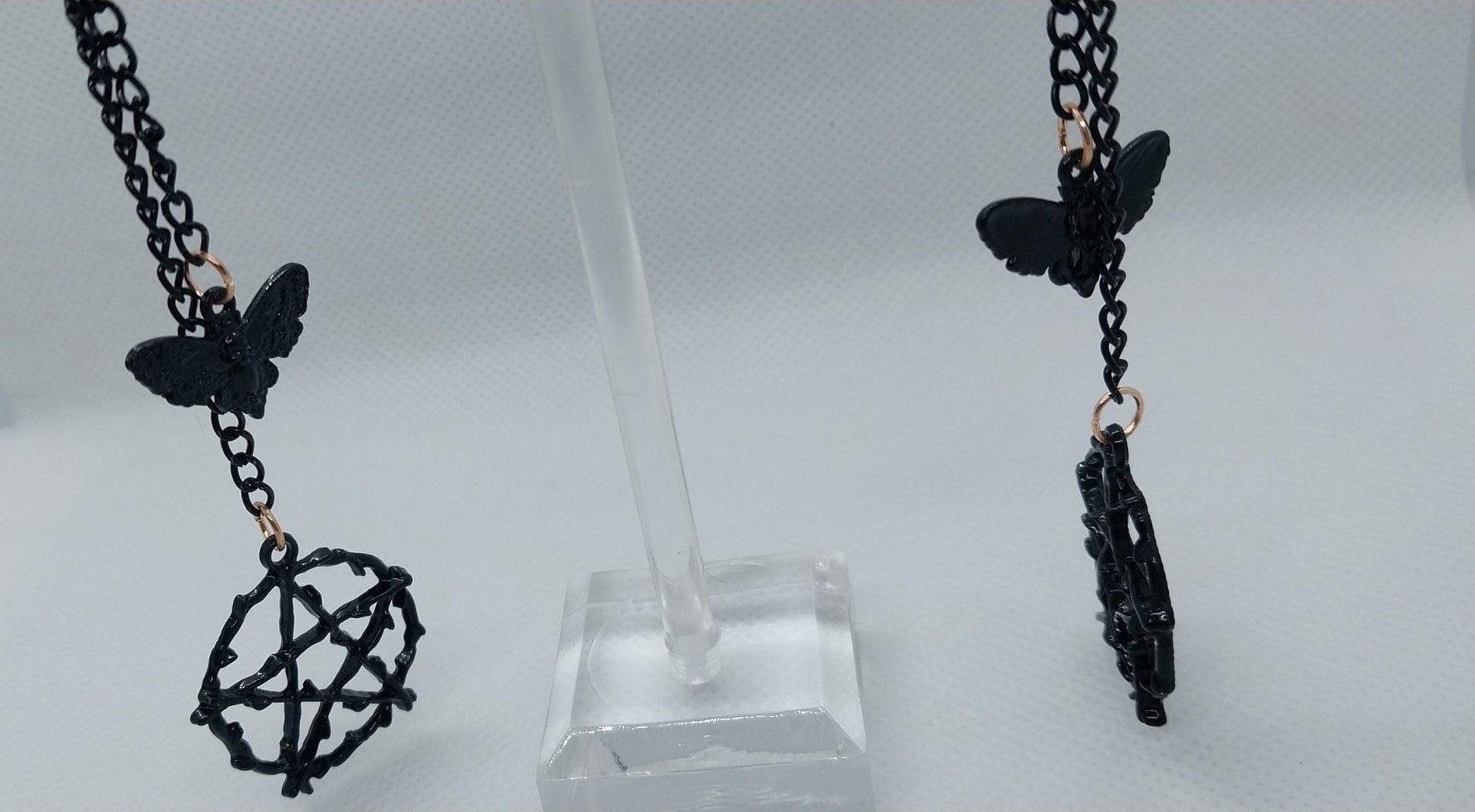Black On Gold Pentagram And Moth Double Dangle Earrings, Black Colored Steel Chains And Charms On Gold Plated Steel Ear Wire, Goth/Emo/Alt - Moon & Starr Handcrafted LLC