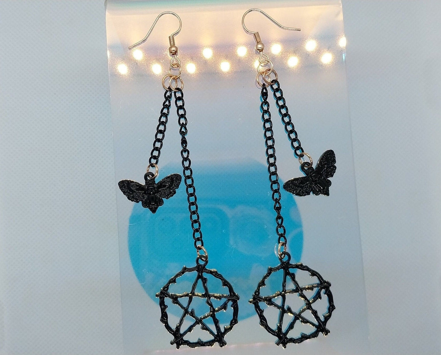 Black On Gold Pentagram And Moth Double Dangle Earrings, Black Colored Steel Chains And Charms On Gold Plated Steel Ear Wire, Goth/Emo/Alt - Moon & Starr Handcrafted LLC