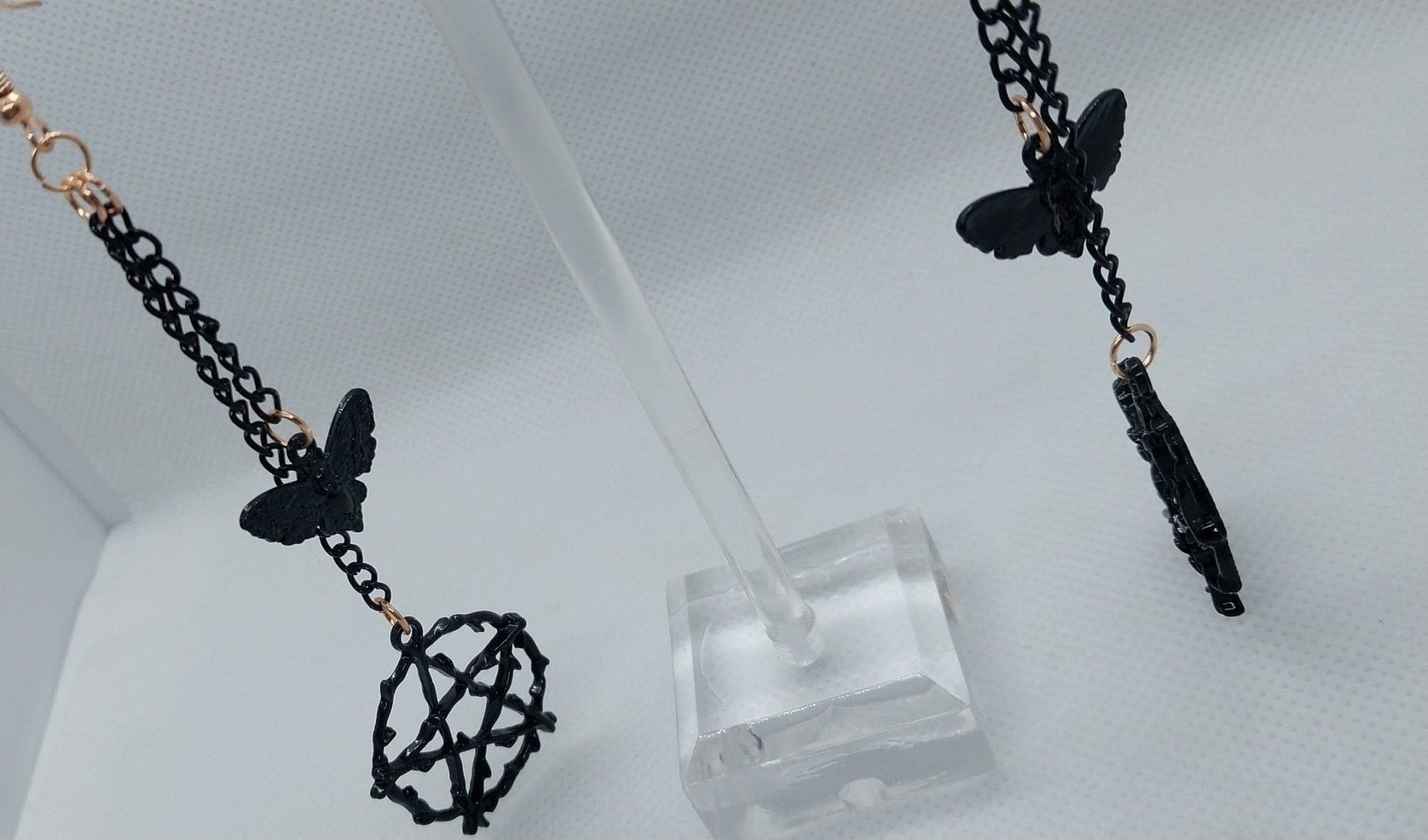 Black On Gold Pentagram And Moth Double Dangle Earrings, Black Colored Steel Chains And Charms On Gold Plated Steel Ear Wire, Goth/Emo/Alt - Moon & Starr Handcrafted LLC