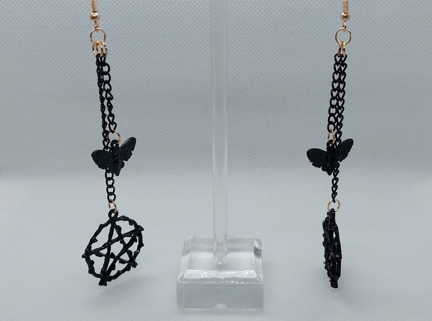 Black On Gold Pentagram And Moth Double Dangle Earrings, Black Colored Steel Chains And Charms On Gold Plated Steel Ear Wire, Goth/Emo/Alt - Moon & Starr Handcrafted LLC