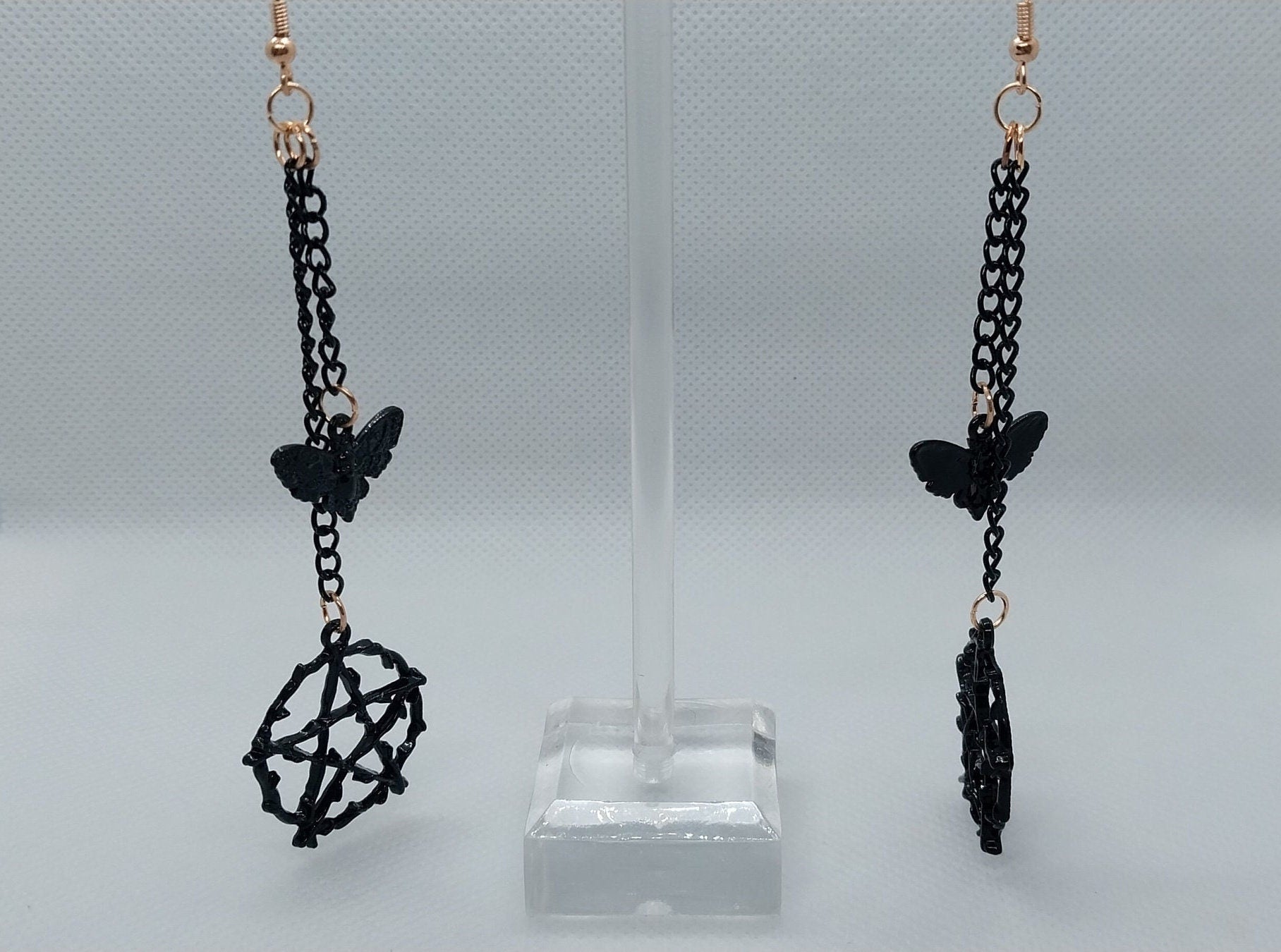 Black On Gold Pentagram And Moth Double Dangle Earrings, Black Colored Steel Chains And Charms On Gold Plated Steel Ear Wire, Goth/Emo/Alt - Moon & Starr Handcrafted LLC