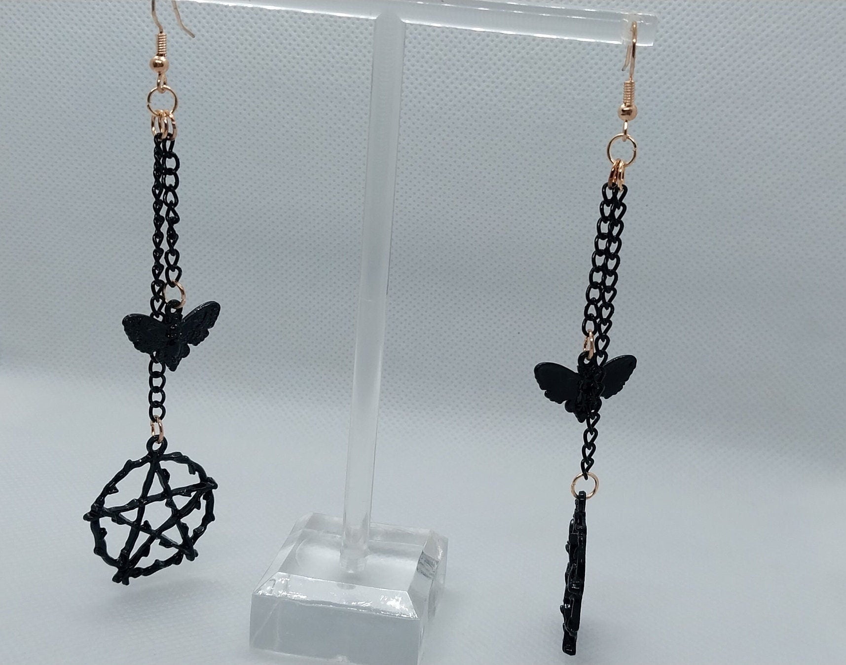 Black On Gold Pentagram And Moth Double Dangle Earrings, Black Colored Steel Chains And Charms On Gold Plated Steel Ear Wire, Goth/Emo/Alt - Moon & Starr Handcrafted LLC