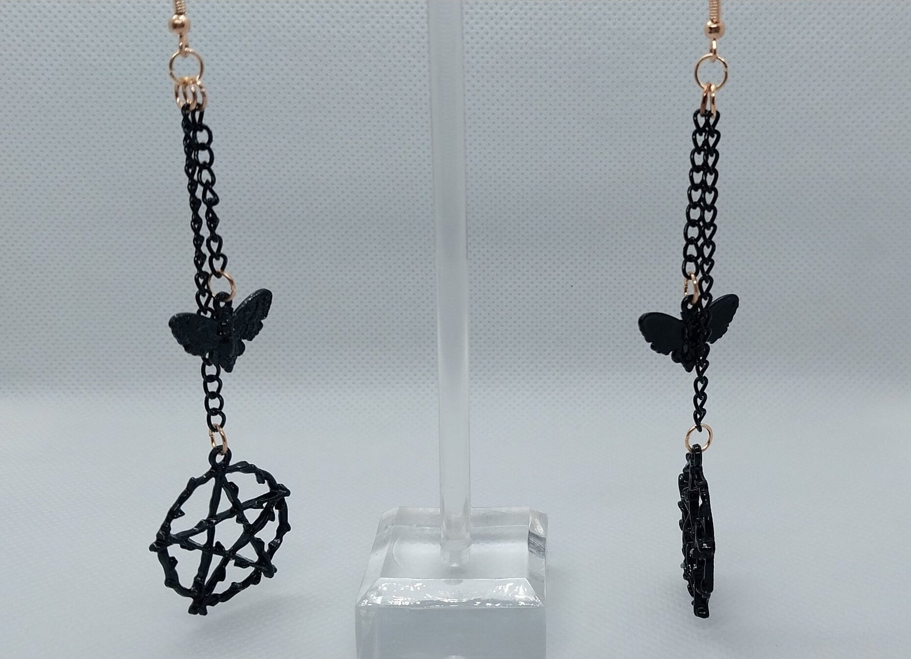 Black On Gold Pentagram And Moth Double Dangle Earrings, Black Colored Steel Chains And Charms On Gold Plated Steel Ear Wire, Goth/Emo/Alt - Moon & Starr Handcrafted LLC