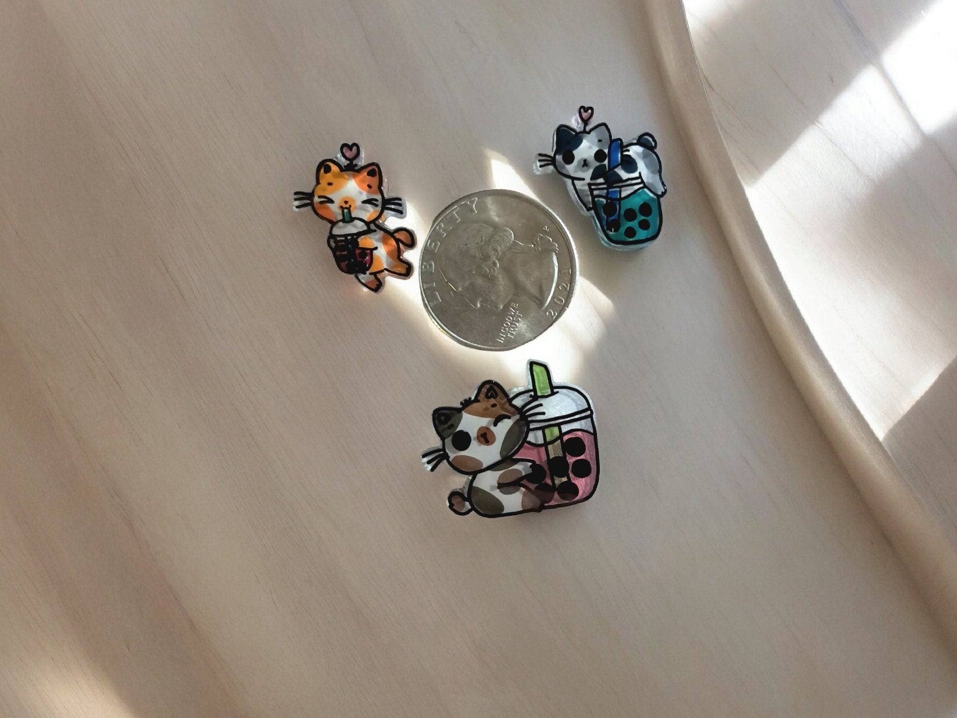 Boba Tea Cats Hand - painted Miniature Pins, Set Of 3, Brass Backing, Your Choice Of 2 Styles - Moon & Starr Handcrafted Jewelry && More!