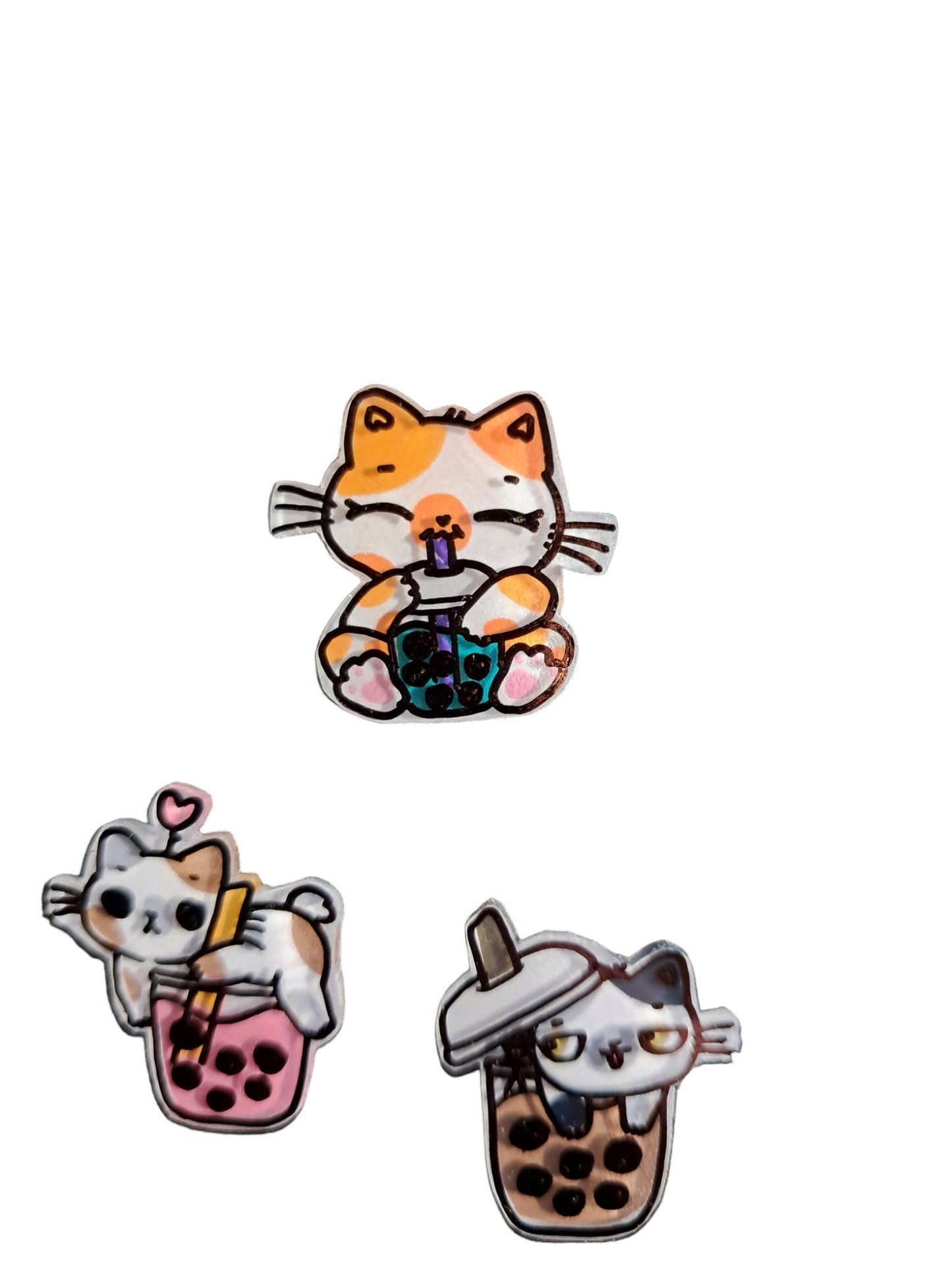 Boba Tea Cats Hand - painted Miniature Pins, Set Of 3, Brass Backing, Your Choice Of 2 Styles - Moon & Starr Handcrafted Jewelry && More!