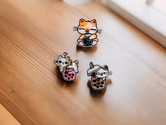 Boba Tea Cats Hand - painted Miniature Pins, Set Of 3, Brass Backing, Your Choice Of 2 Styles - Moon & Starr Handcrafted Jewelry && More!