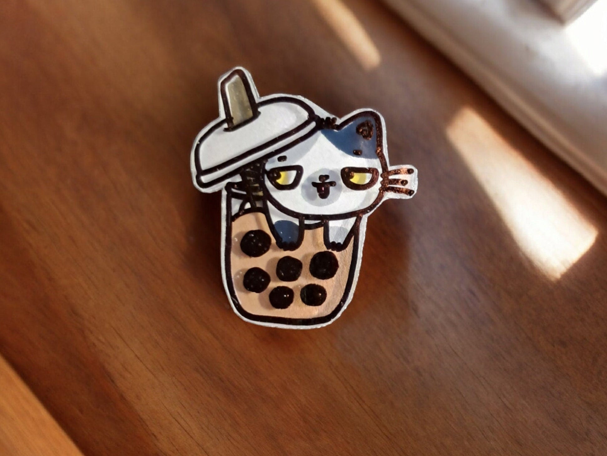 Boba Tea Cats Hand - painted Miniature Pins, Set Of 3, Brass Backing, Your Choice Of 2 Styles - Moon & Starr Handcrafted Jewelry && More!