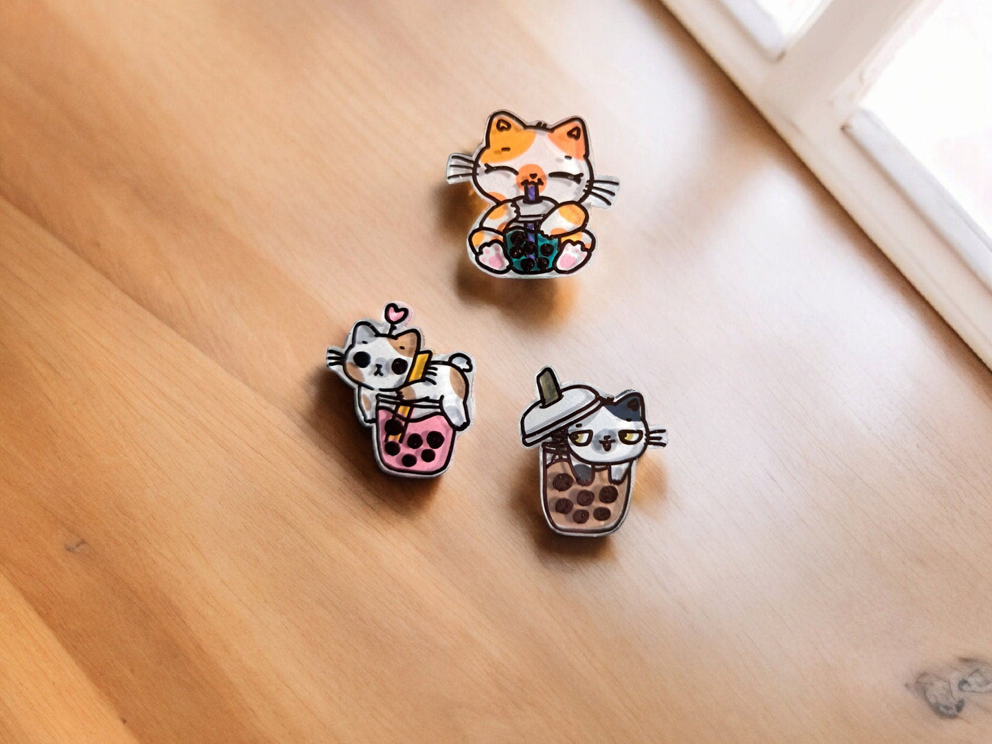 Boba Tea Cats Hand - painted Miniature Pins, Set Of 3, Brass Backing, Your Choice Of 2 Styles - Moon & Starr Handcrafted Jewelry && More!