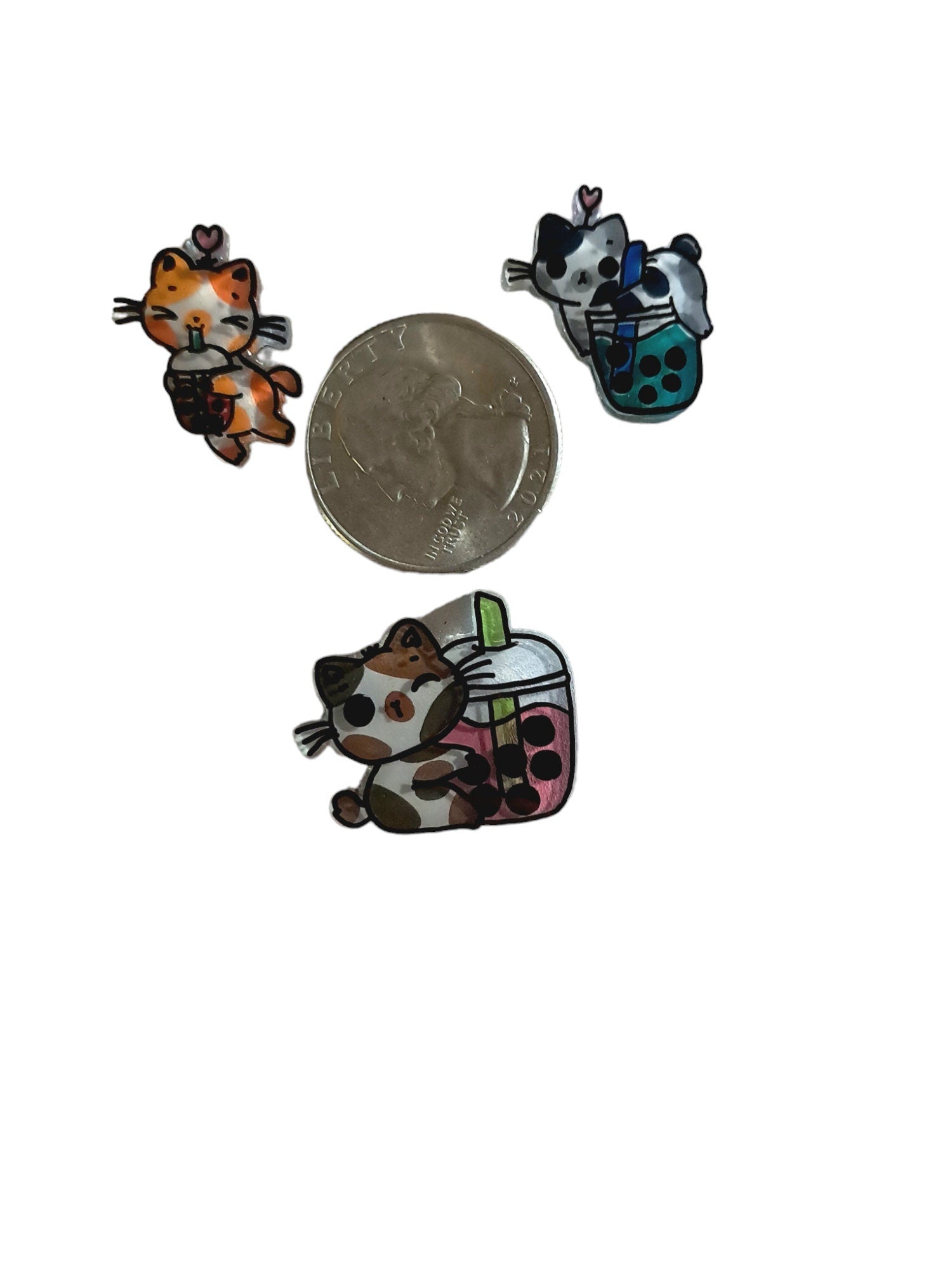 Boba Tea Cats Hand - painted Miniature Pins, Set Of 3, Brass Backing, Your Choice Of 2 Styles - Moon & Starr Handcrafted Jewelry && More!