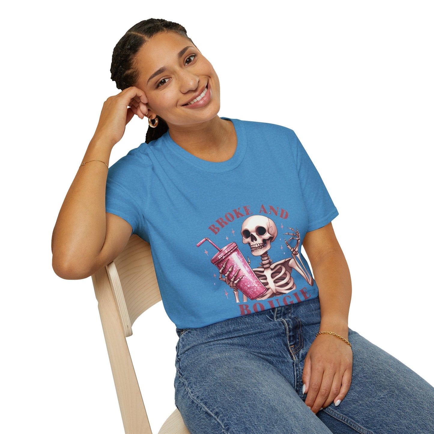 Broke and Boujie Skeleton Unisex Softstyle T-Shirt - Moon & Starr Handcrafted Jewelry && More!